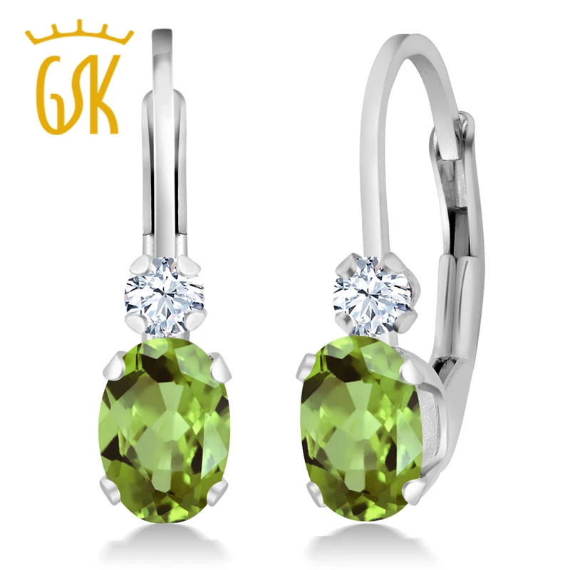 

GemStoneKing 1.08 Ct Oval Natural Green Peridot White Created Sapphire 925 Sterling Silver Leverback Earrings For Women