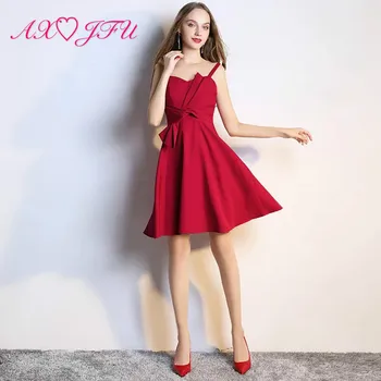 

AXJFU Sexy red spaghetti strap pink evening dress chiffon elegant self-cultivation short green evening dress little white dress