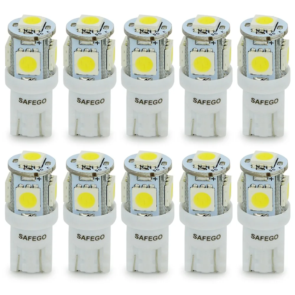 Safego 10X T10 W5W светодиодный лампы 5 SMD светодиодный белого и синего цвета красный желтый и зеленый цвета 5050 194 168 супер яркий Клин лампочки лампы 12V