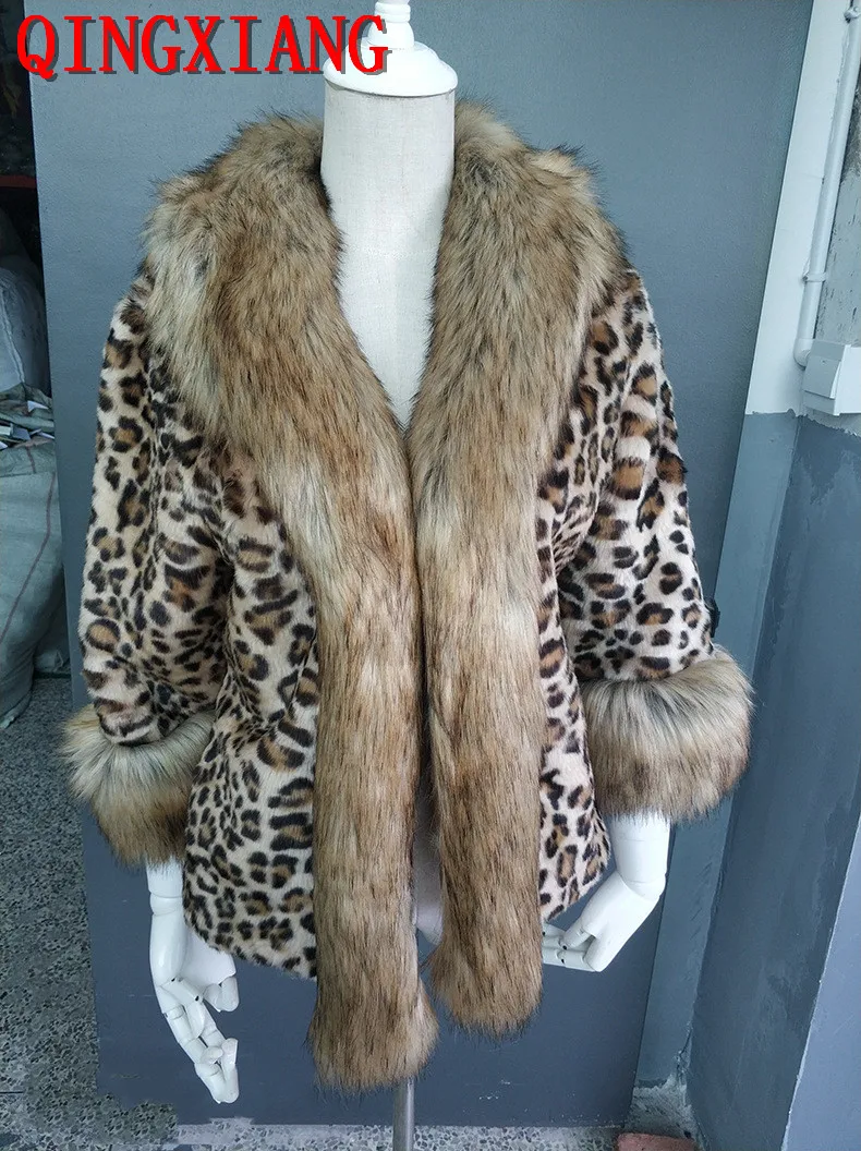 

2019 Women Plus size S-4XL Short Sleeves Leopard Print Fur Coats Medium Short Boutique Imitation Fox Raccoon Fur collar Coat