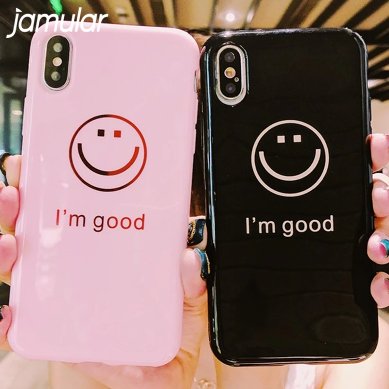 

JAMULAR Cute Cartoon Smiley Face Phone Case for iPhone 7 8 Plus 6S Plus Glossy Letter Phone cover for iPhone X Soft Coque
