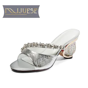 

MLJUESE 2018 women slippers summer silk crystal slip on blue color pumps cinderella diamond heel sandals women size 34-43