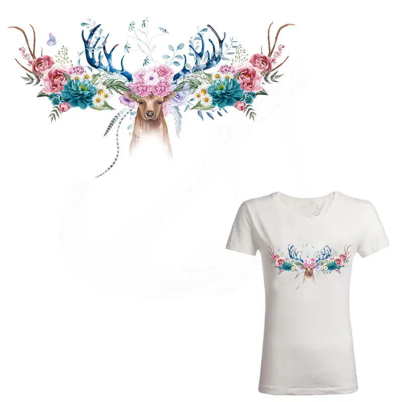

New Hand-painted flowers american elk head iron on patches 28*15.5cm Diy T-shirt Dresses thermal transfer Patch for clothing