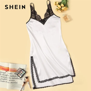 

SHEIN Contrast Lace Insert Split Side Nightdress Women White Spaghetti Strap Summer Nightgowns 2019 Sexy Sleepwear Nightwear