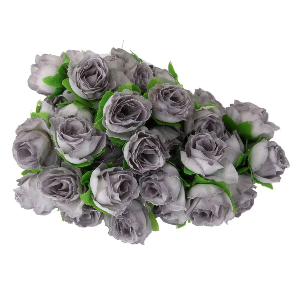 

50Pcs Artificial Fabric Rose Flower Heads Wedding Bouquet Decor 3Cm (Grey) Grey