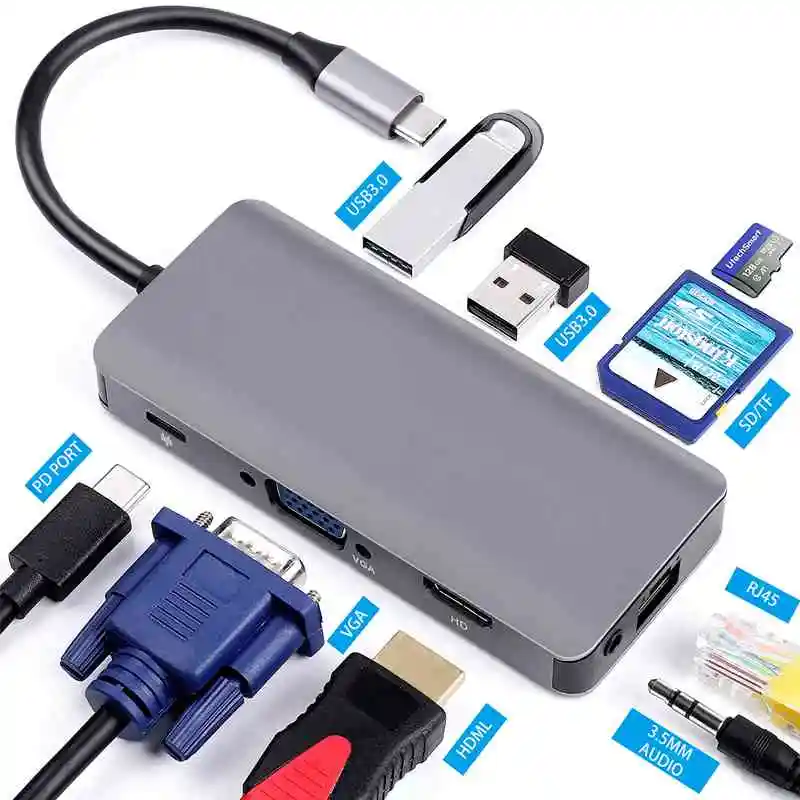 

9-in-1 USB HUB type c hub to HDMI USB 3.0 VGA RJ45 Adapter Dock for MacBook Pro Accessories Type C 3.1 Splitter Multi USB C HUB