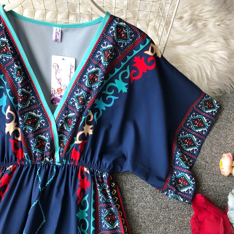 Летние женские платья Бохо с коротким рукавом свободные длинные летучая мышь