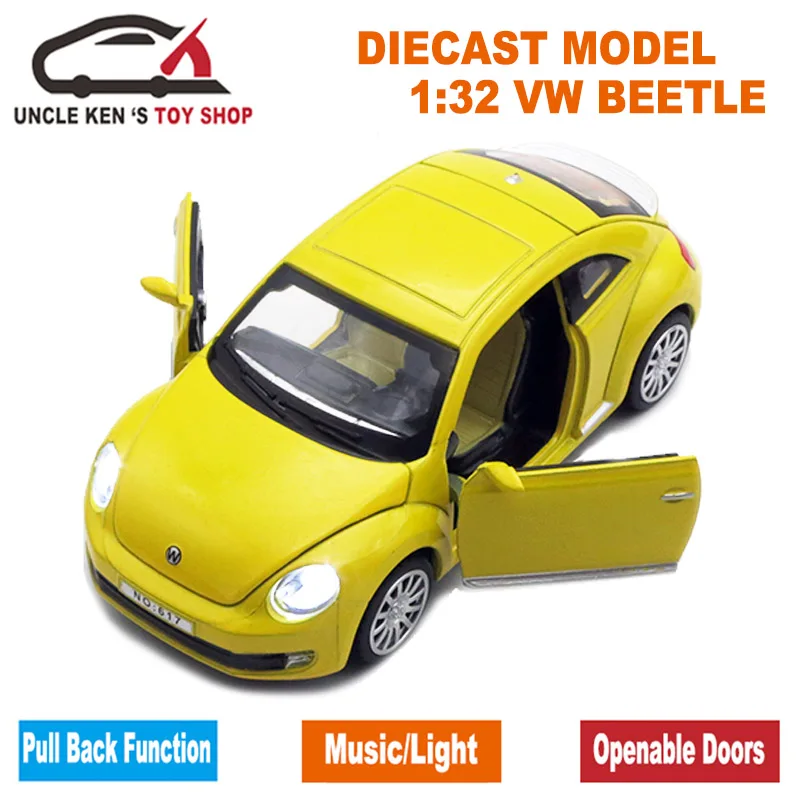 1/32 масштаб VW Beetle литые под давлением модели автомобилей, подарок для мальчиков, металлические игрушки с открывающимися дверцами/функция оттягивания/музыка/светильник - Цвет: Цвет: желтый