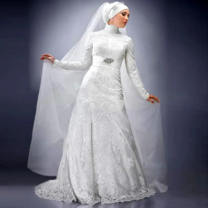 Fancy Muslim Ivory Lace Wedding Dresses Long Sleeve bridal gown Custom Made High Neck Dubai font