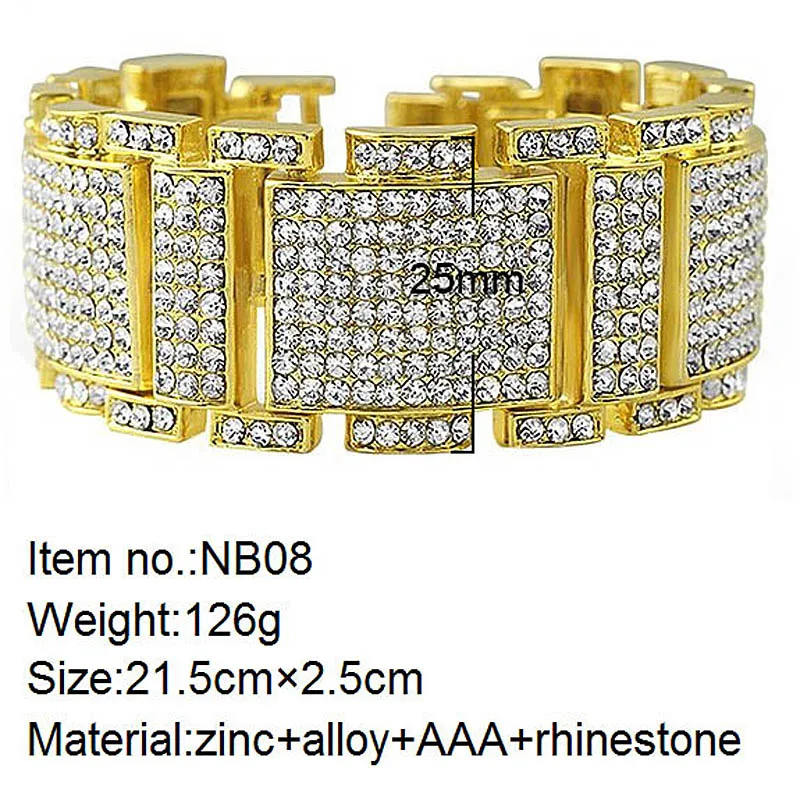 Exaggerated Punk Shiny Full Rhinestone I Bangle Hip Hop Bling CZ Wristbands Chains Link Men Women Gift jewelry 6