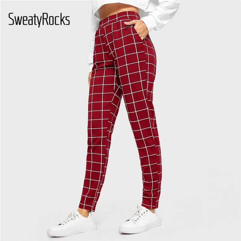 

SweatyRocks Elastic Waist Slant Pocket Grid Pants Streetwear Women Tapered Plaid Trousers 2019 Casual Athleisure Long Pants