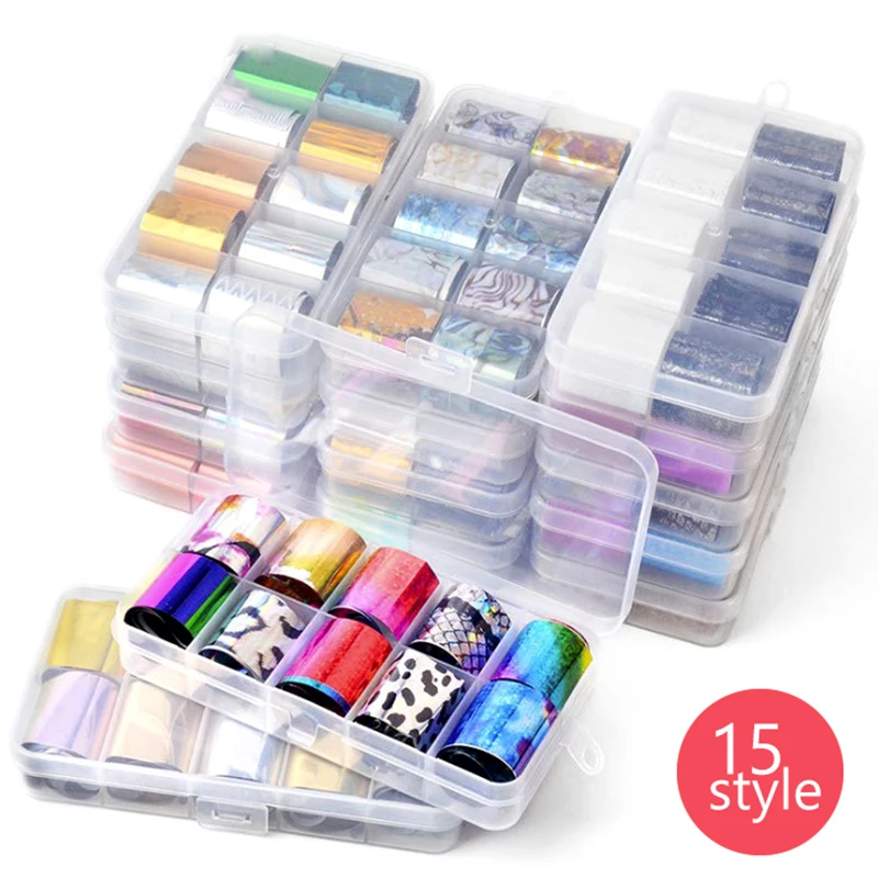 

10pcs/set Colorful Laser Nail Foils Stickers 15 Styles Non-sticky Foil Design Nail Art Sticker Hot Nails Art Decorations LSK