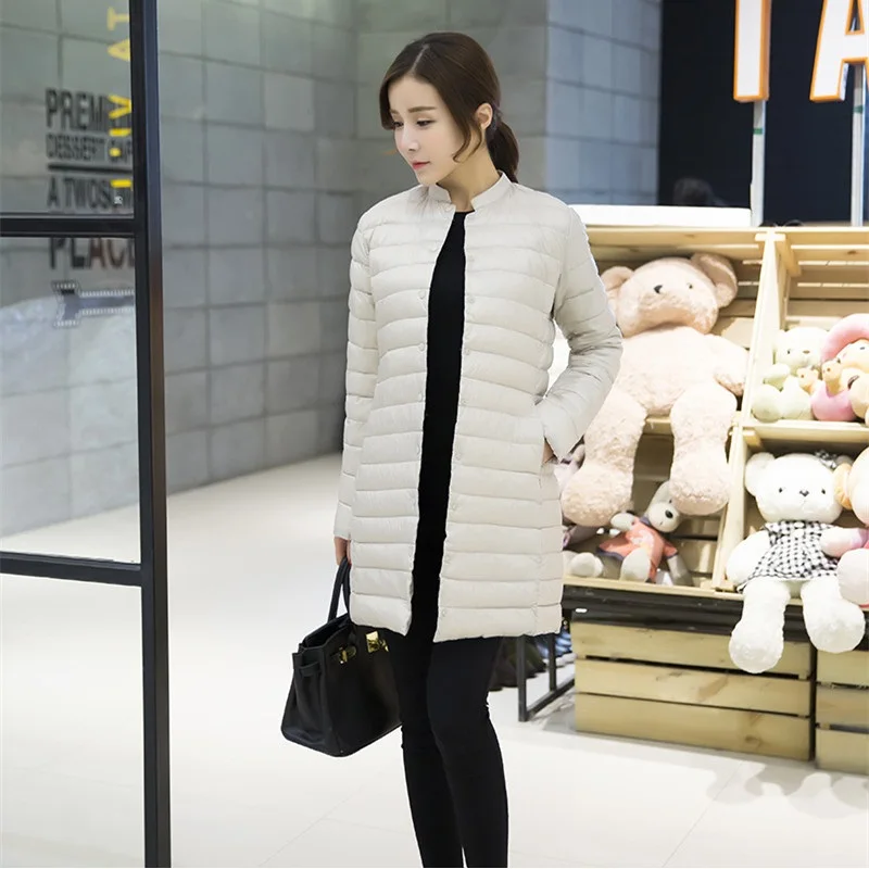 

Autumn Women Long Ultralight Duck Down Jackets Coats Chic Collarless Single Breasted Solid Color Women Down Padded Parkas JK-638