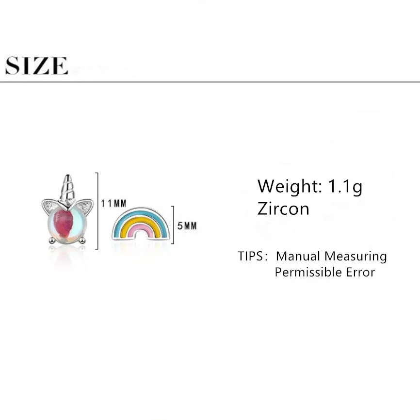 Милые циркониевые радужные асимметричные серьги-гвоздики с единорогом для женщин, трендовые креативные 925 пробы, Серебряные вечерние ювелирные изделия в подарок, SAE382