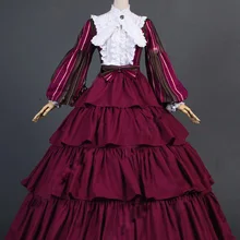 Xvil Century Civil War полосатый с пышными рукавами Многоуровневое бургундское бальное платье сцена-реконструкция