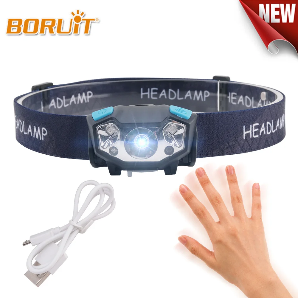 Beste BORUIT Koplamp Draagbare IR Sensor Zaklamp Hoofd R5 XPE LED Lantaarn USB Lading Zaklamp Koplamp Rood Wit Licht Voor camping