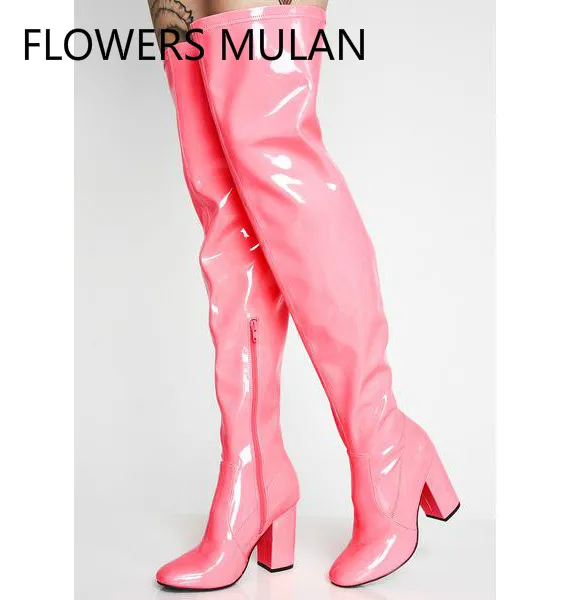 

2018 Winter Boots Women Beautiful Candy Color Bling Shiny Patent Leather Boots Women Sqaure Toe Side Zip Long Thigh Lady Botas