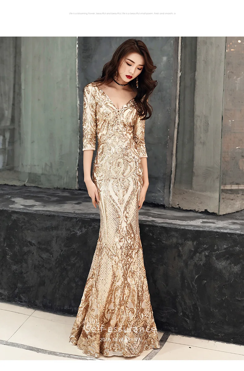 Модное Золотое длинное платье длиной до пола с v-образным вырезом и рукавами три четверти, с пайетками, на шнуровке, элегантное вечернее платье
