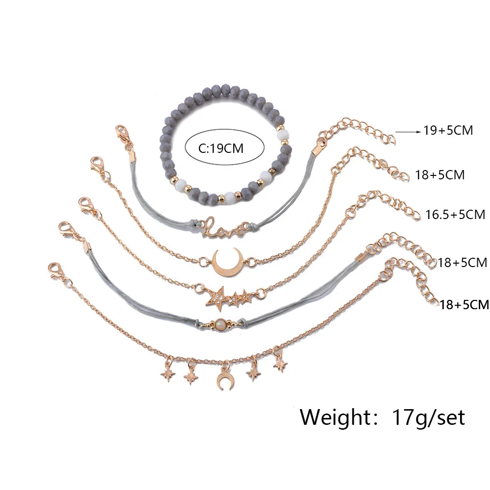 6 шт./партия, тренд, луна, звезды, любовь, драгоценные камни, звезда, полумесяц, вафельный браслет на цепочке, набор, женские каменные бусины, ювелирные изделия вечерние, аксессуары, подарки
