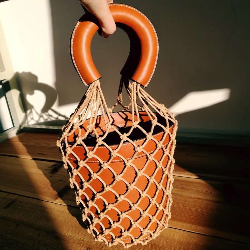 HEBA Hot Sale Korean Japanese Popular Hollow Net Bags Chic Women Bucket Tote Bag Barrel Shaped Lady Vintage Handbags Leather C