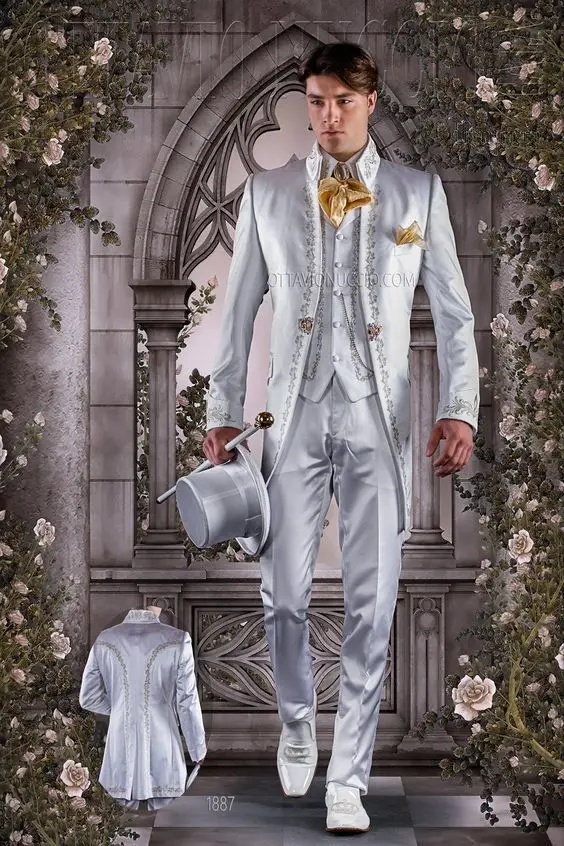 

Embroidery Mens Suits With Pants Italian Off White Wedding Suits For Men Slim Fit Traje Masculino For Groomsmen 3 Piece Suit Men