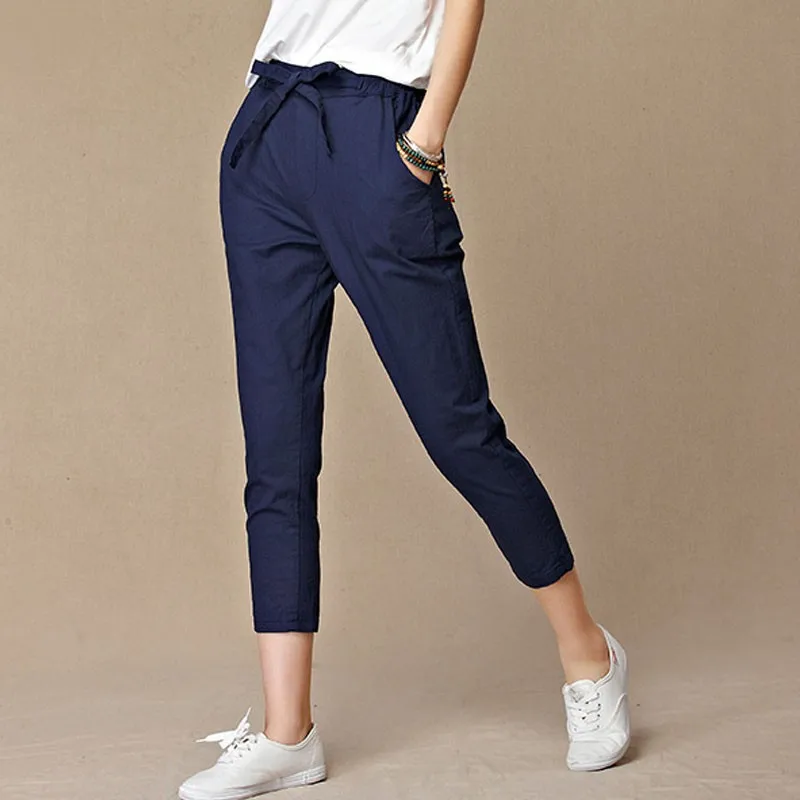 Летние новые женские повседневные брюки капри модные хлопковые льняные брюки с эластичным поясом шаровары брюки Размер 4XL
