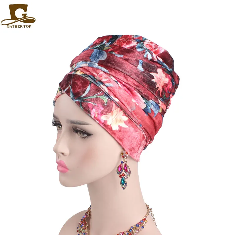 New women Luxury floral Velvet Turban nigerian turban Hijab Extra Long
