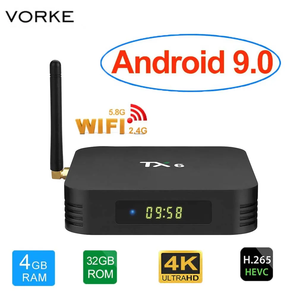 

Vorke TX6 TV Box Allwinner H6 Android 9.0 4G DDR3 32G/64G 2.4G+5.8G Dual WiFi 100Mbps LAN bluetooth USB3.0 Support 4K