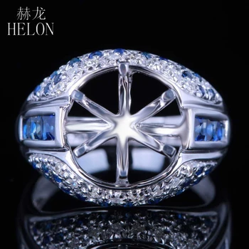 

HELON 10.5-11.5mm Round Cut Semi Mount Solid 14K White Gold Genuine Natural Diamond & Sapphires Gemstone Engagement Wedding Ring