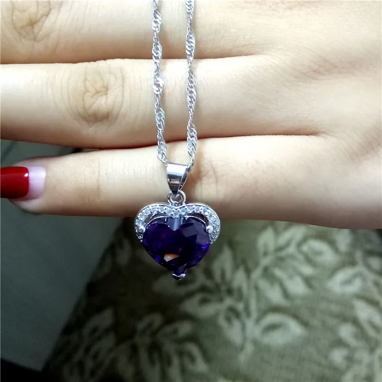 Серебряное ожерелье с кулоном в виде сердца фиолетовым камнем|pendant neckless|pendant