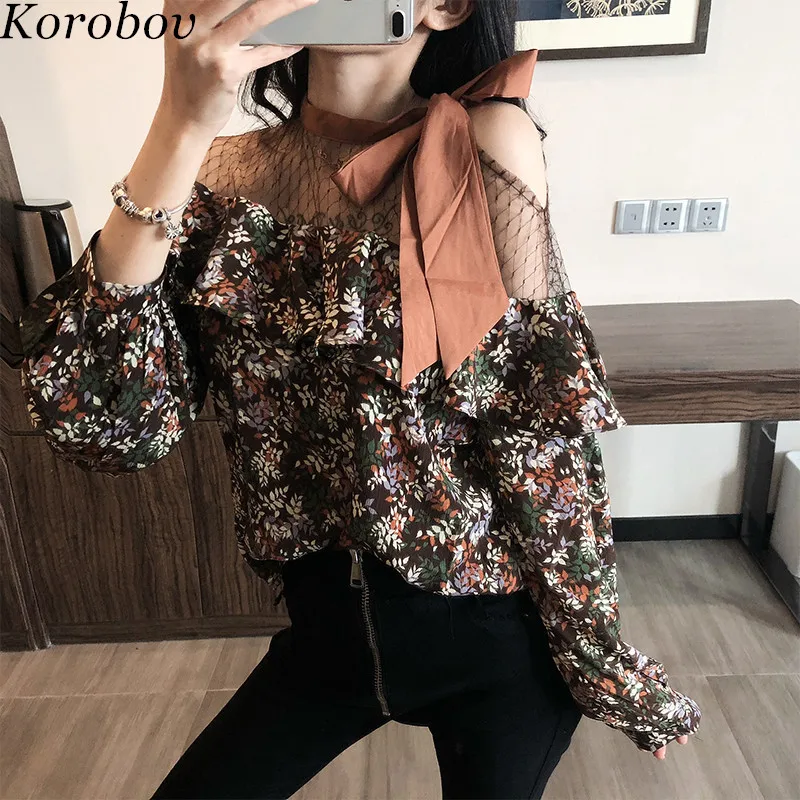 

Korobov 2019 Korean Flower Print Mesh Chiffon Patchwork Blouse Lacing O-Neck Vintage Shirts Off Shoulder Sexy Mujer Blusas 77010