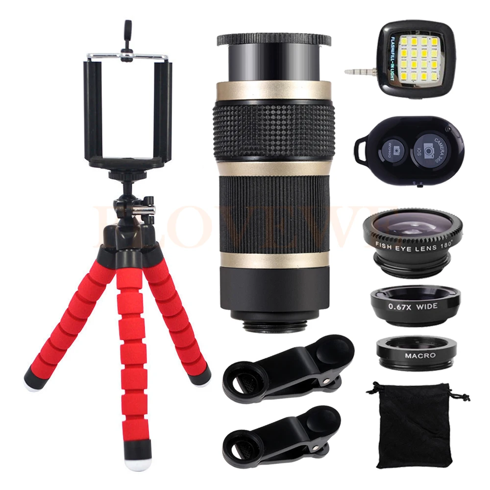 

Cell Phone Lens Kit 8X Zoom Telephoto Lentes Wide Angle Macro Fish eye Fisheye Lenses Tripod For iPhone 7 Smartphone Selfie lamp