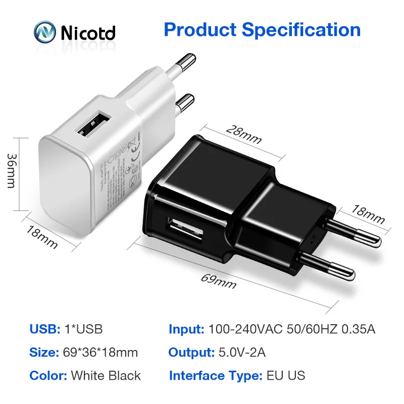 Nicotd 5V 2A USB Charger EU Plug Fast Charging Travel Wall Mobile Phone Charger For Huawei 8C 8X Mate 20 Xiaomi Samsung S10 plus (1)