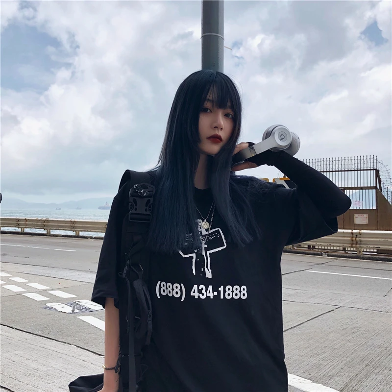 

Cross Letter Print Graphic Black Loose TShirt Funny Summer T Shirt Tee T-Shirt Top Harajuku Streetwear Korean Women Ulzzang/Kpop