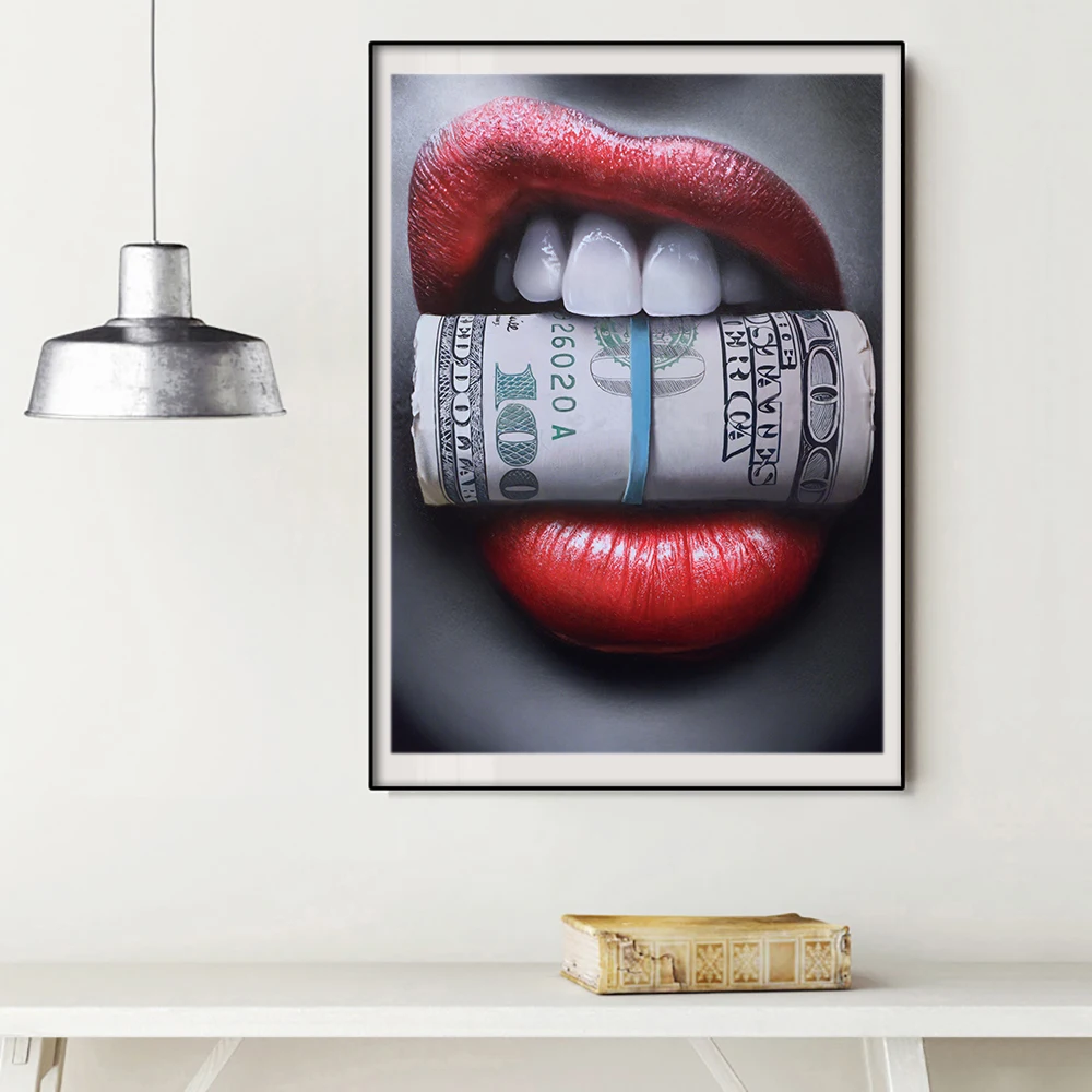 Modern Red Lips with Money Quote Poster Print Wall Art Oil Painting on Canvas Picture Living Room Bar Idea Creative Home Decor