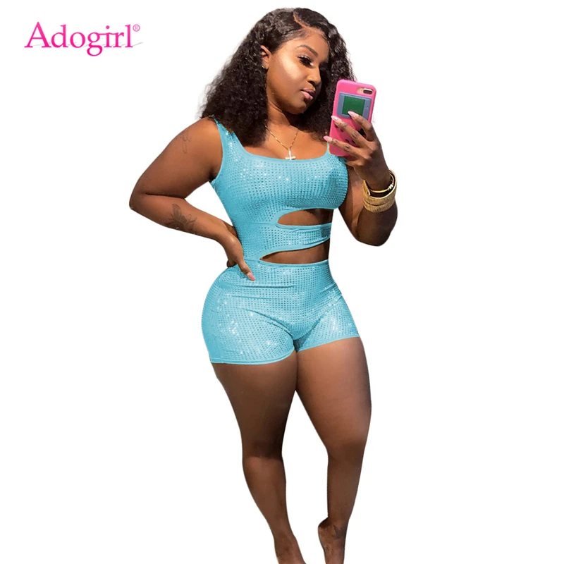 Adogirl الجوف خارج الماس خزان بذلة أزياء المرأة مثير الصيف السراويل رومبير جودة عالية Playsuits نادي حزب داخلية