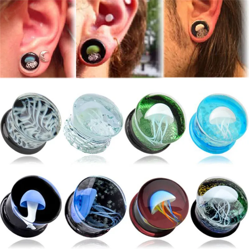 

1 pcs 8-16mm GLass Ear Reamer Tunnel Plug Verisimilar Sea Jellyfish Luminous Ear Expander Stretcher Body Piercing Jewelry women