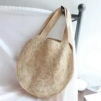 

AUAU-Round Straw Beach Bag Vintage Handmade Woven Shoulder Bag Raffia Circle Rattan Bags Bohemian Summer Vacation Casual Bags