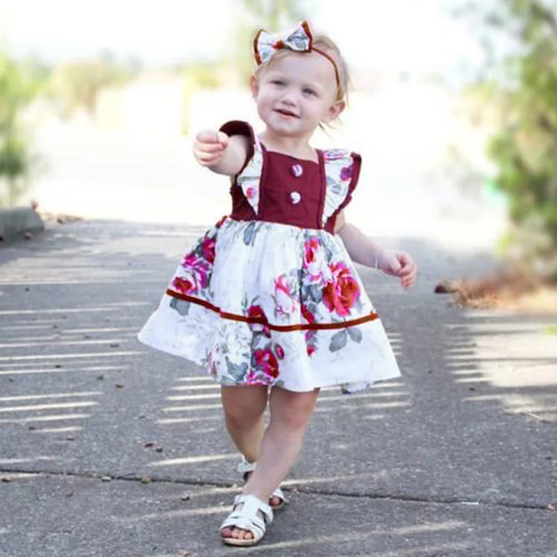 

New Summer Girl Flower Printed Dress + Butterfly Tie Headscarf baby girl clothes