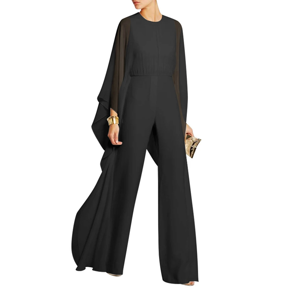 

Ruffle Poncho Jumpsuit women rompers Elegant Chiffon Party Jumpsuit Autumn High Waist Bodysuit long sleeve Women Cape Overalls