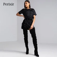 Perixir Женские Сапоги выше колена в стиле Рианны; замшевые сапоги до бедра с острым носком на высоком каблуке со складками; пикантные черные сапоги