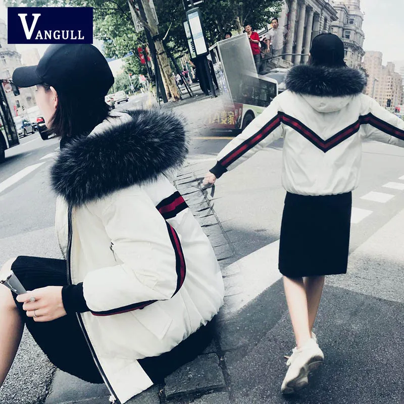 VANGULL зимние куртки женские теплые пальто новая мода уличная Толстая парка в полоску контрастного цвета куртка женская верхняя одежда