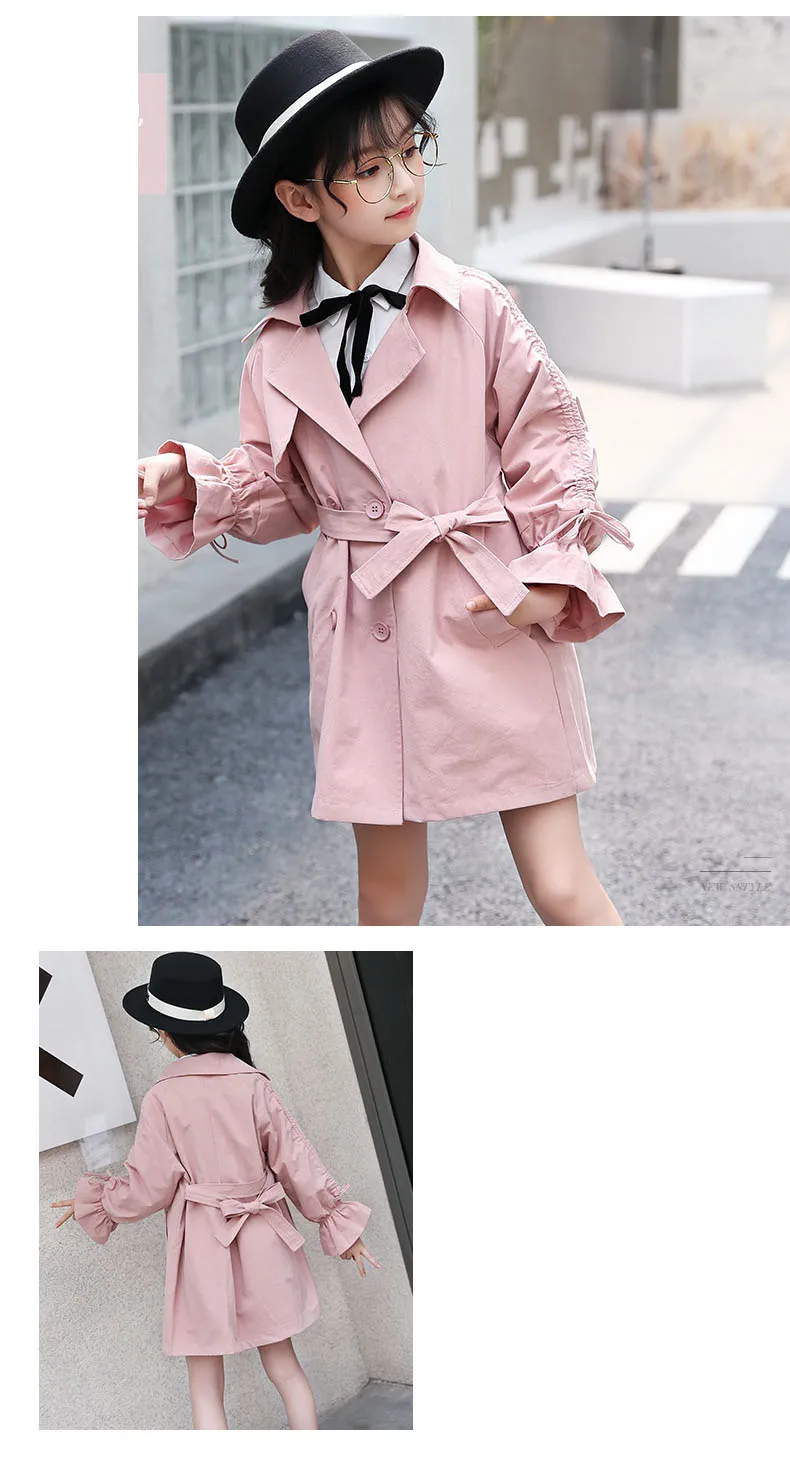 solid belt petal sleeve autumn coats kids clothes new 2018 autumn teenage girls long denim jackets children trench coat clothes  (14)
