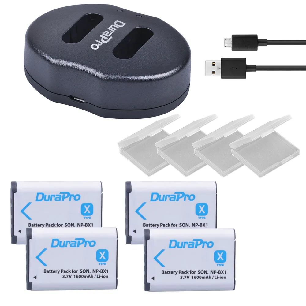 4 шт. DuraPro NP-BX1 NP BX1 Батарея+ USB двойной Зарядное устройство для Sony HDR-AS200V AS20 as100v az1 DSC-RX100 x1000v WX350 RX1 AS15 RX100