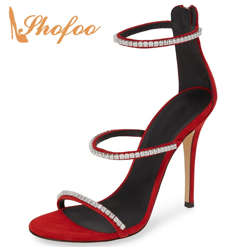 

Red Crystal Ankle Strap High Thin Heels Sandals Woman Open Toe Zipper Stilettos For Ladies Wedding Shoes Footwear Fashion Mature