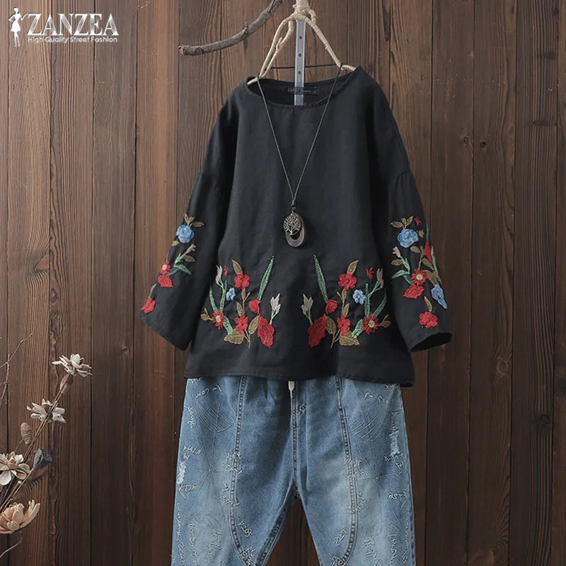 

Casual Blusas Women's Summer Blouse 2019 ZANZEA Plus Size Linen Top Fashion Floral Embroidery Tops Female Long Sleeve Tee Shirts