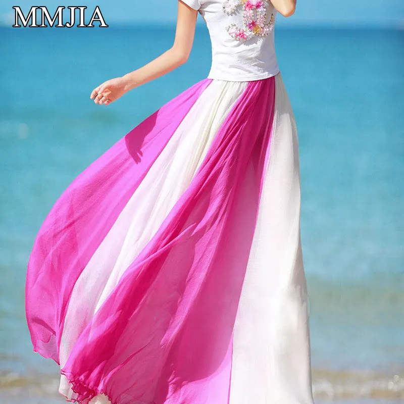 

Women Long Chiffon Skirts Rainbow Color Patchwork Elastic Waist Pleated Maxi Skirts Plus Size Summer Beach Bohemian Style Skirt