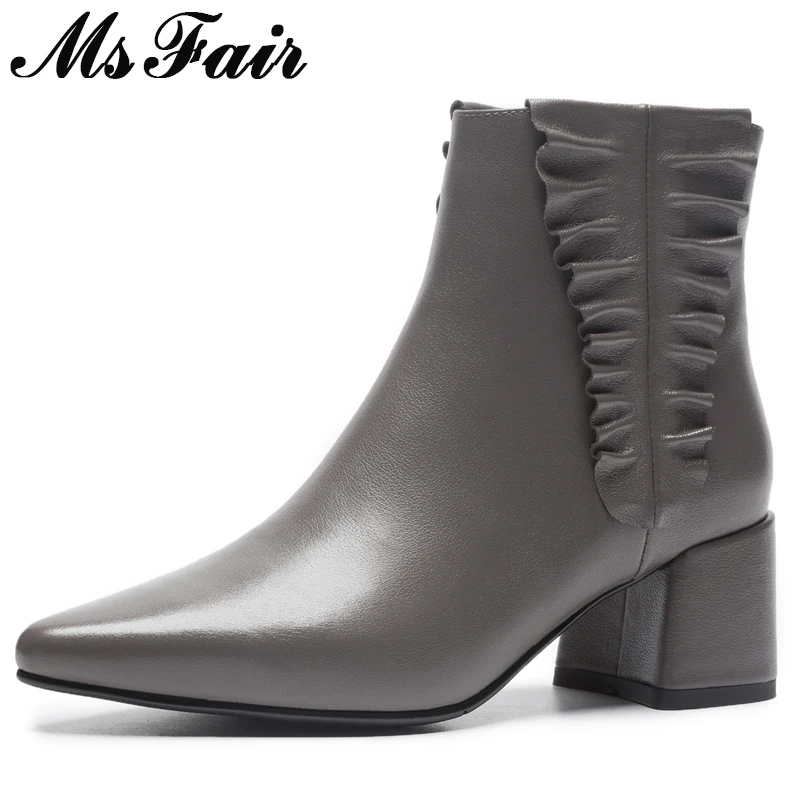 

MSFAIR Women Boots Metal Zipper Ankle Boots Women Shoes Pointed Toe High Heel Boots Genuine Leather Black Boot Shoes For Girl