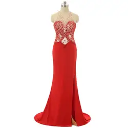 Настоящее модельные фотографии Красный Великолепная кружевное вечернее платье Длинные пикантные спинки Холтер Блестки бисерные вечерние