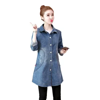 

Ladies Large Size Denim Jacket Spring Autumn 2019 New Mediun Long Slim Coat Was Thin Single-Breasted Female Denim Jackets JIA35